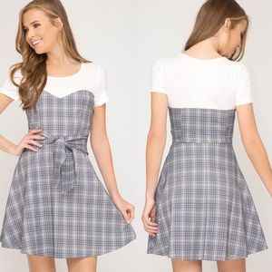 STORE CLOSING SALE! Tie Waisted Dress in White and Gray Plaid